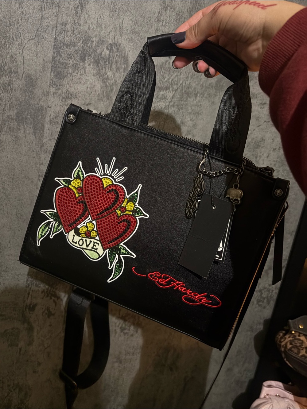 Ed Hardy Black Satchel with Red Heart Patch